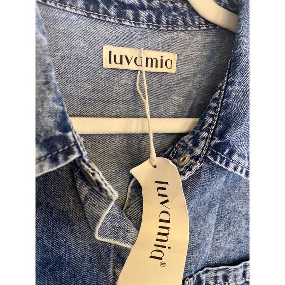 NWT Luvamia Women's Denim Shirt Mini Dress With Frayed Hem & Pockets Size S - Picture 4 of 7